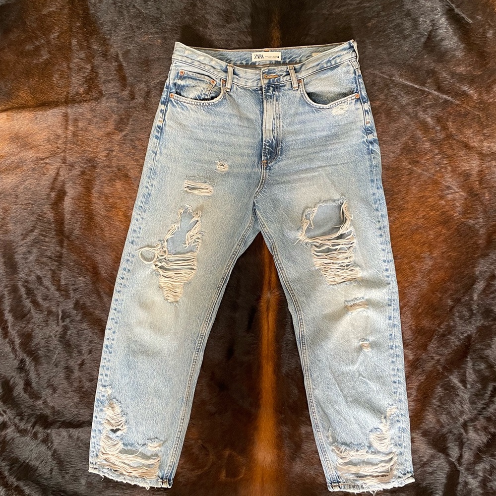 Zara Blue Boyfriend Distressed Jeans
